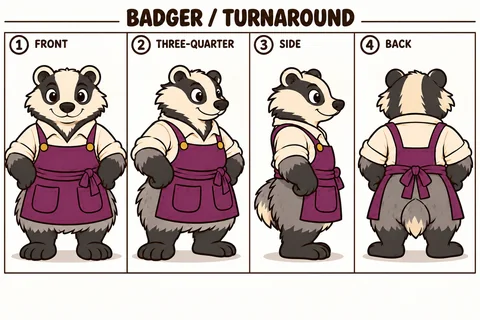 Badger character study sheet showing turnaround.