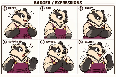 Badger character study sheet showing expressions.