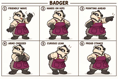 Badger character study sheet showing full-body poses.