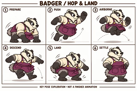 Badger character study sheet showing hop and land.
