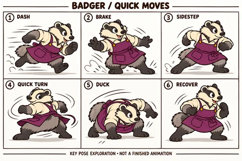 Badger character study sheet showing quick moves.
