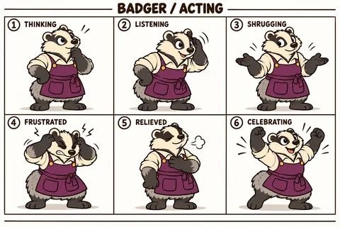 Badger character study sheet showing acting.