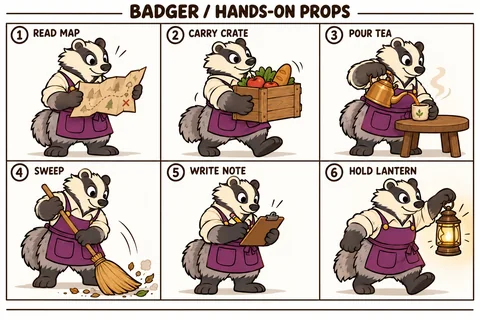 Badger character study sheet showing hands-on props.