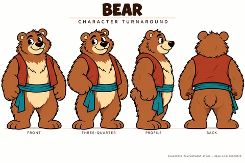 Bear character study sheet showing turnaround.