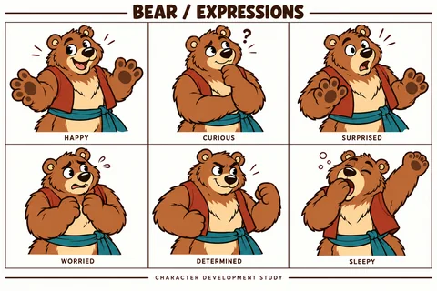 Bear character study sheet showing expressions.