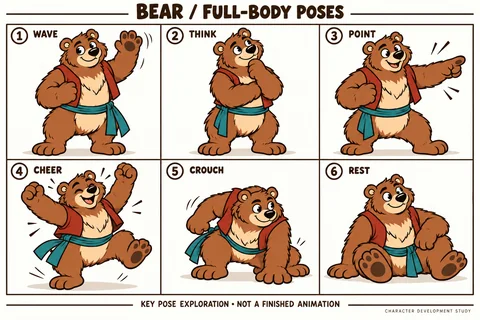 Bear character study sheet showing full-body poses.