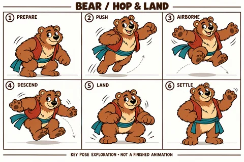 Bear character study sheet showing hop and land.