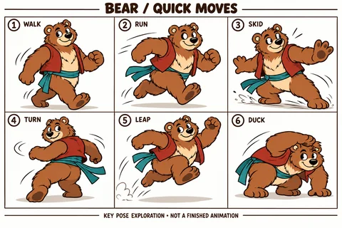 Bear character study sheet showing quick moves.