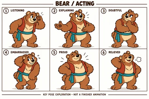 Bear character study sheet showing acting.