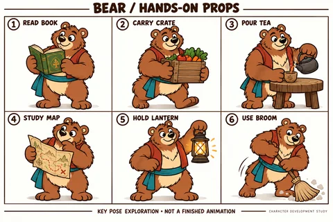 Bear character study sheet showing hands-on props.