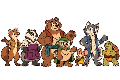 Owl, bear, wolf, marten, badger, mouse and tortoise gathered in a character lineup.