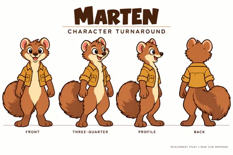 Marten character study sheet showing turnaround.