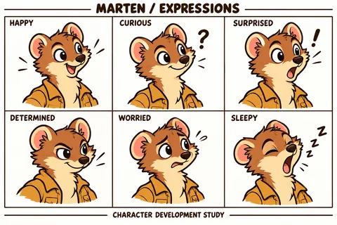 Marten character study sheet showing expressions.