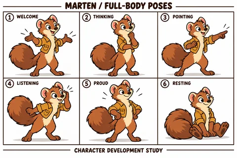 Marten character study sheet showing full-body poses.