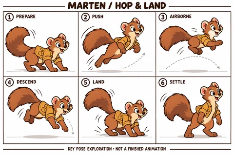 Marten character study sheet showing hop and land.