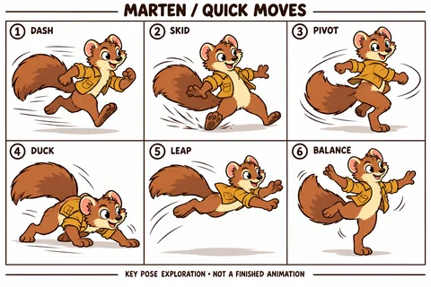Marten character study sheet showing quick moves.
