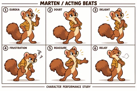 Marten character study sheet showing acting.