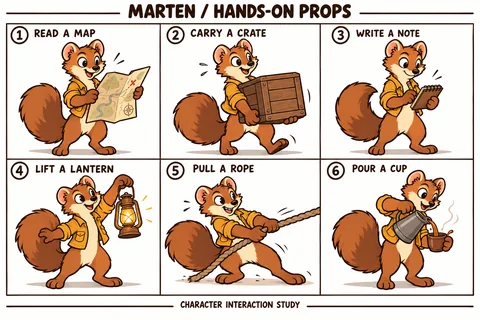 Marten character study sheet showing hands-on props.