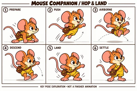 Mouse character study sheet showing hop and land.