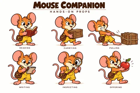 Mouse character study sheet showing hands-on props.