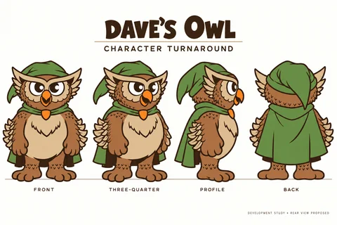 Owl character study sheet showing turnaround.