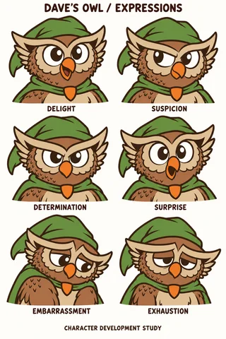 Owl character study sheet showing expressions.