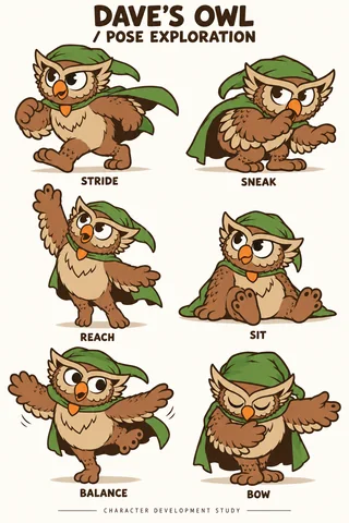 Owl character study sheet showing full-body poses.