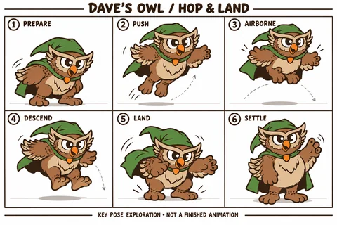 Owl character study sheet showing hop and land.