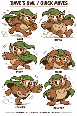 Owl character study sheet showing quick moves.