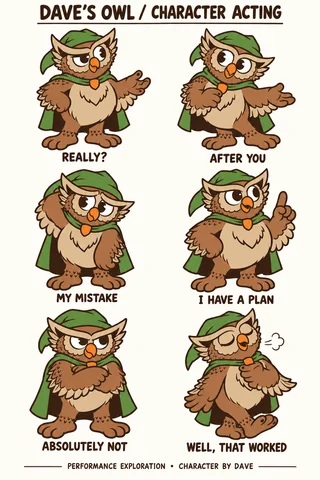Owl character study sheet showing acting.