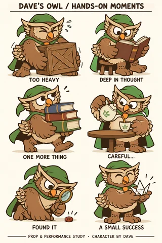 Owl character study sheet showing hands-on props.