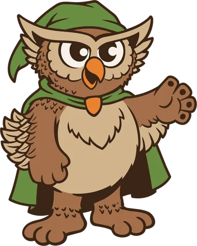 Dave’s original brown owl character in a green cap and cloak, with one wing extended.