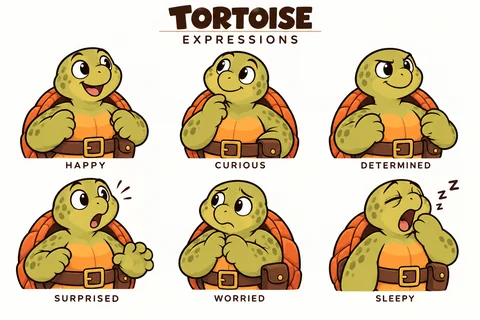 Tortoise character study sheet showing expressions.