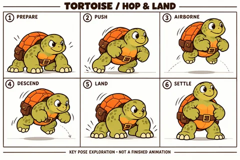 Tortoise character study sheet showing hop and land.