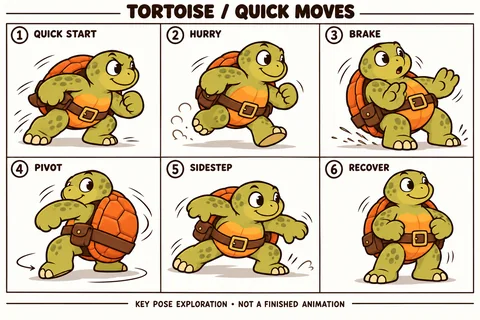 Tortoise character study sheet showing quick moves.