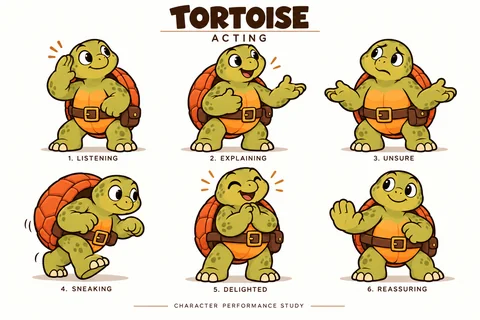 Tortoise character study sheet showing acting.