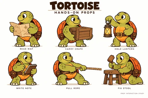 Tortoise character study sheet showing hands-on props.