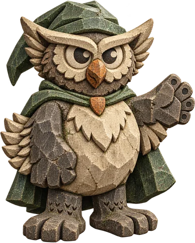 Owl visual concept in a bold stone treatment, with a transparent background.
