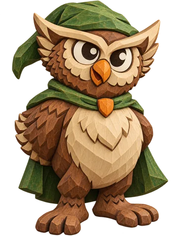 Owl visual concept in a carved wood treatment, with a transparent background.