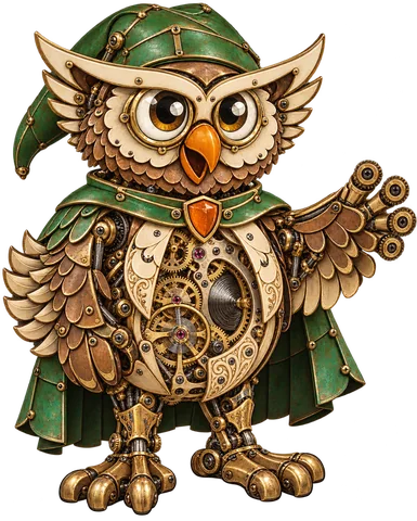 Owl visual concept in a clockwork treatment, with a transparent background.