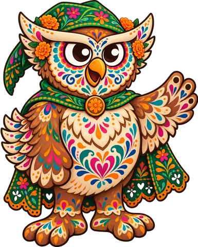 Owl visual concept in a día de los muertos treatment, with a transparent background.
