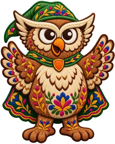 Owl visual concept in a embroidered folk art treatment, with a transparent background.