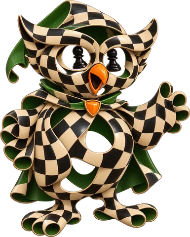 Owl visual concept in a melting chessboard treatment, with a transparent background.