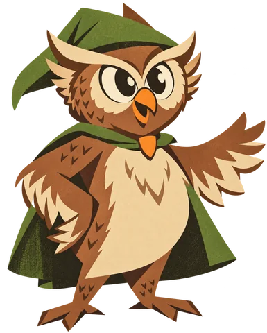 Owl visual concept in a midcentury treatment, with a transparent background.