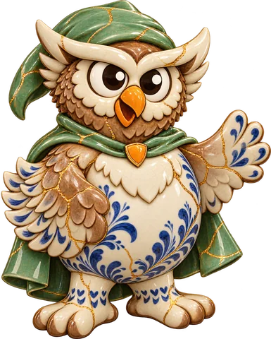 Owl visual concept in a porcelain gold repair treatment, with a transparent background.