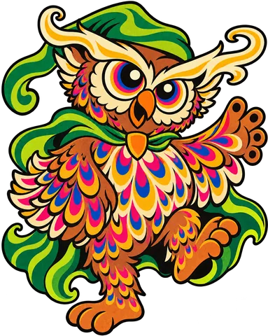 Owl visual concept in a psychedelic treatment, with a transparent background.
