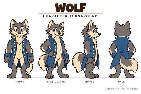 Wolf character study sheet showing turnaround.