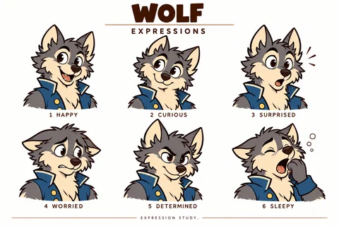 Wolf character study sheet showing expressions.