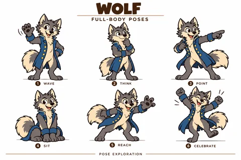 Wolf character study sheet showing full-body poses.