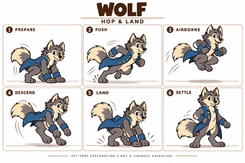 Wolf character study sheet showing hop and land.
